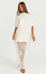Jonna Midi Dress - Longline Lace Insert Tee in Off White
