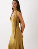 Scarf Detail Godet Midi Dress In Brown