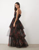 Lace & Beads Tulle Bandeau Ruffle Tiered Maxi Dress In Black Floral