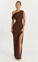Helen Maxi Dress - One Shoulder Draped Fitted Dress in Chocolate