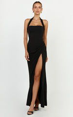Kai Maxi Dress - Halter Neck High Split Dress in Black