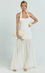 Barbara Maxi Dress - Halter Scoop Neck Contrast Georgette Dress in Ivory