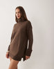 Brave Soul Knitted Roll Neck Mini Dress In Chocolate Brown