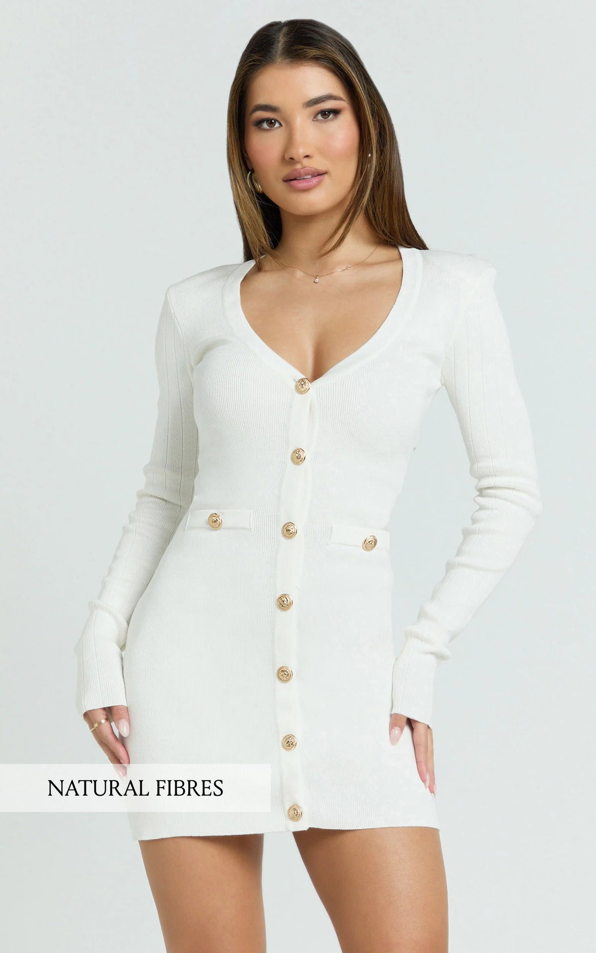 Nikka Mini Dress - Long Sleeve V Neck Bodycon Knit Dress in Cream