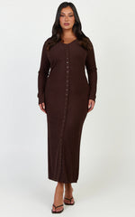 Zayla Midi Dress - Long Sleeve Button Front Bodycon Dress in Chocolate