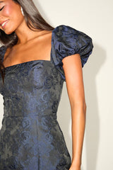 Momentous Cuteness Navy Jacquard Off-the-Shoulder Mini Dress