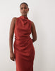 Pleated Gathered Bodice Satin Maxi Dress With High Neck In Terracotta