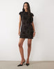 New Look Flocked Mesh Mandarin Collar Mini Dress In Dark Aubergine