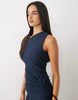 Vesper Bengaline Asymmetric Off Shoulder Ruched Front Maxi Dresss In Navy