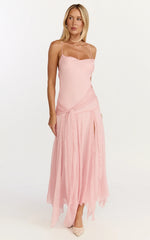 Idris Midi Dress - Cowl Neck Draped Sash Godet Dress in Soft Pink