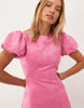 Sister Jane Jacquard Puff Sleeve Structured Hem Midi Dress In Pink
