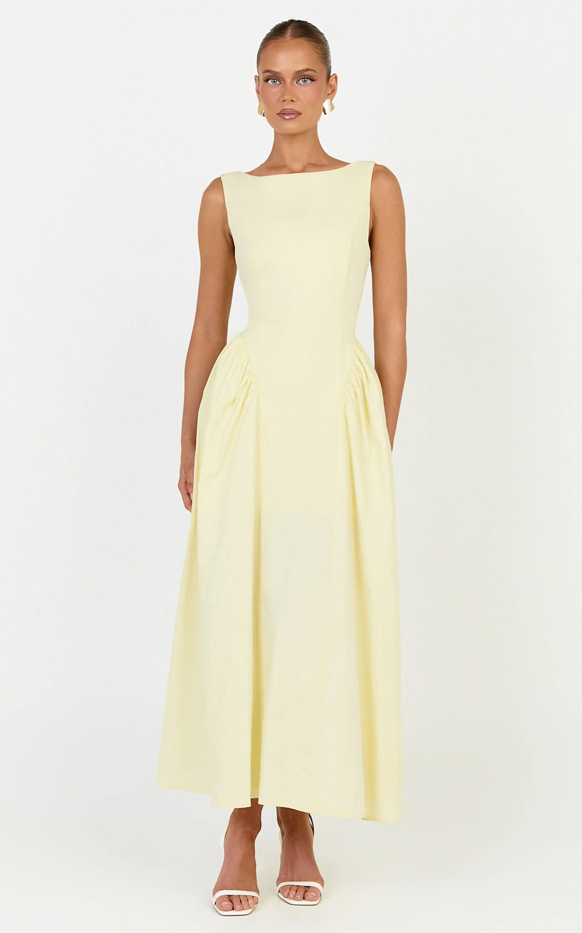 Casina Midi Dress - Boat Neck Tie Back Fit And Flare Dress in Yellow