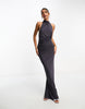 Mesh Twist Bust Detail Halter Maxi Dress With Tie Back Neck In Charcoal Grey
