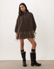 Hybrid Cord Shirt Mini Dress With Balloon Sleeve And Voile Hem In Washed Chocolate