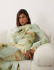 Printed Mesh Maxi Dress With Overlay Draped Neckline Detail In Green Blurred Floral