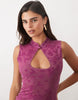 Flocked Mesh Mandarian Detail Mini Dress In Plum