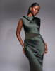 Cap Sleeve Satin Midi Dress With Sheer Chiffon Panels In Khaki