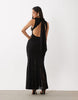 High Neck Slinky Maxi Dress With Lace Godets And Open Back In Black