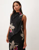Asymmetric Printed Mesh Blouson Maxi Dress With Grown On Neck In Black Floral