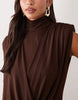 Ruched & Ready Sculpted High Neck Drape Front Mini Dress In Chocolate
