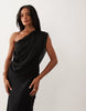 Chiffon Draped Shoulder Maxi Dress With Cowl Back Detail In Black