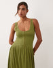 Crinkle Button Through Midi Dress In Olive