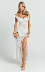 Tatum Midi Dress - Lace Off Shoulder Side Split Dress in Off White