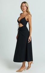 Daphne Midi Dress - Gathered Cut Out A Line Dress in Black
