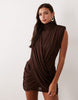 Ruched & Ready Sculpted High Neck Drape Front Mini Dress In Chocolate
