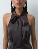 Yas Halter Neck Scarf Tie Satin Maxi Dress In Chocolate Brown