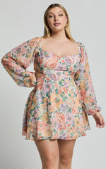 Ebonee Mini Dress - Puff Sleeve Cut Out Dress in Flower Crown
