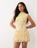 Printed Polka Dot Ruched Drop Waist Circle Mini Dress With Grown In Neck In Lemon And Blue