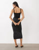 Oh Polly Modal Squareneck Bodice Draped Skirt Detail Midi Dress In Black Polka Dot