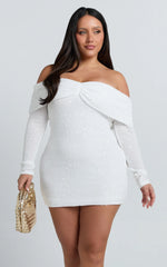 Virginia Mini Dress - Off Shoulder Sheer Sequin Knit Dress in White