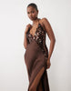 Bardot Sequin Cami Halter Neck Open Back Split Detail Maxi Dress In Chocolate