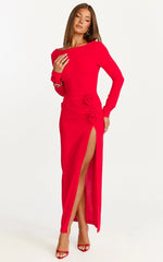 Vivienne Midi Dress - Boat Neck Long Sleeve Rosette Detail Dress in Red