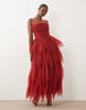 Lace & Beads Tulle Bandeau Tiered Maxi Dress In Red