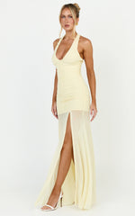 Kori Maxi Dress - Ruched Halterneck Mesh Dress With Racer Back in Lemon