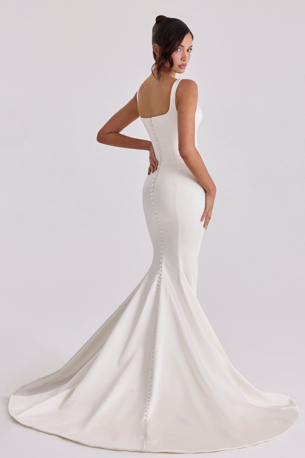 ivory satin button back bridal gown