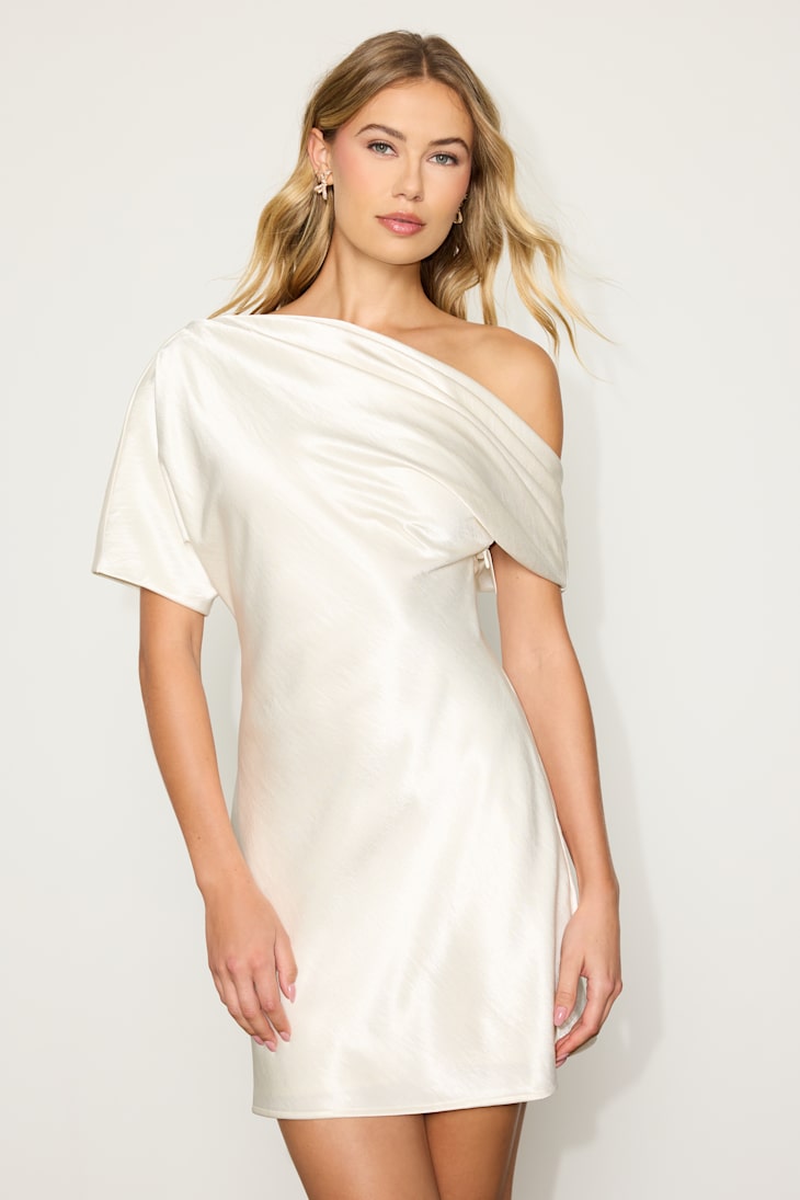 Maralina Ivory Satin Asymmetrical Mini Dress