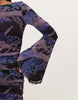 Printed Mesh Waterfall Sleeve Ruched Mini Dress In Purple Butterfly Print