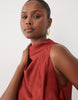 Pleated Gathered Bodice Satin Maxi Dress With High Neck In Terracotta
