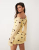 Printed Mesh Off Shoulder Mini Dress With Angel Sleeve In Lemon Polka Dot