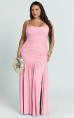 Cardi Maxi Dress - Ruched Mesh High Leg Split Dress in Pink