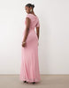 Mesh Draped Asymmetric Sleeve Maxi Dress In Pink