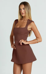 Sakura Mini Dress - Square Neck Wide Strap A Line Skirt Dress in Chocolate