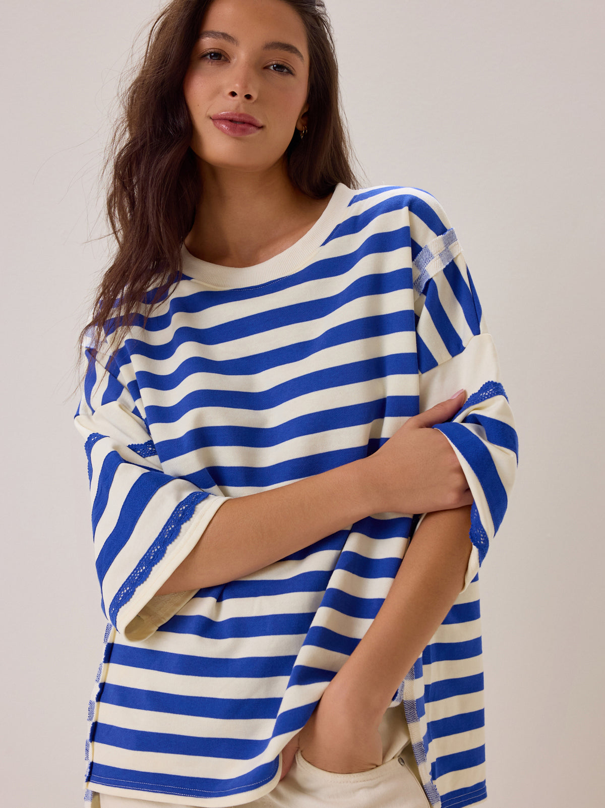 Alba Oversized Stripe Lace Trim Top