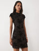 New Look Flocked Mesh Mandarin Collar Mini Dress In Dark Aubergine