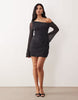 Printed Mesh Off Shoulder Mini Dress With Angel Sleeve In Spot Print