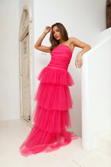 123 PROM Hidden Opal Strapless Tulle Maxi Dress Hot Pink